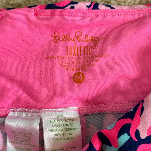 Lilly Pulitzer Neon Pink Luxeletic Capri Leggings with Navy & Aqua Print - Picture 2 of 4